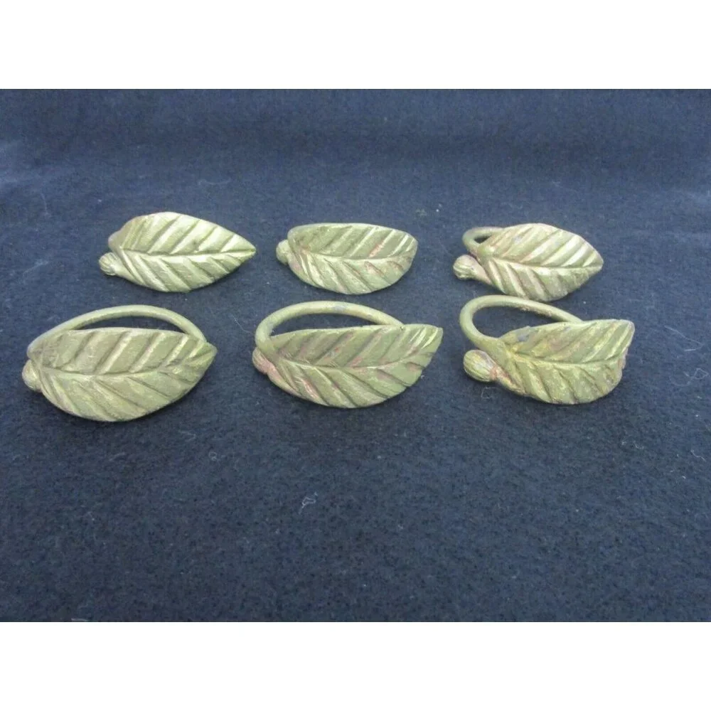Pounded Forged Metal Leaf Napkin Rings Set of 6 Rustic Farmhouse Flat Gold Color